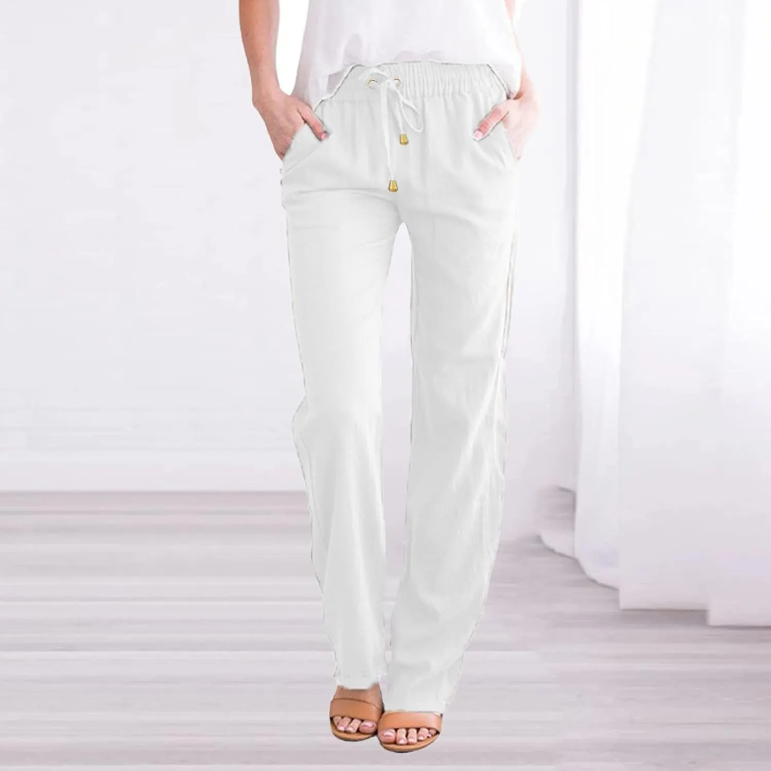 Women's Linen Summer Tie Knot Palazzo Lounge Pants High Waist Ankle Length Slim Fit Pant Trousers Office