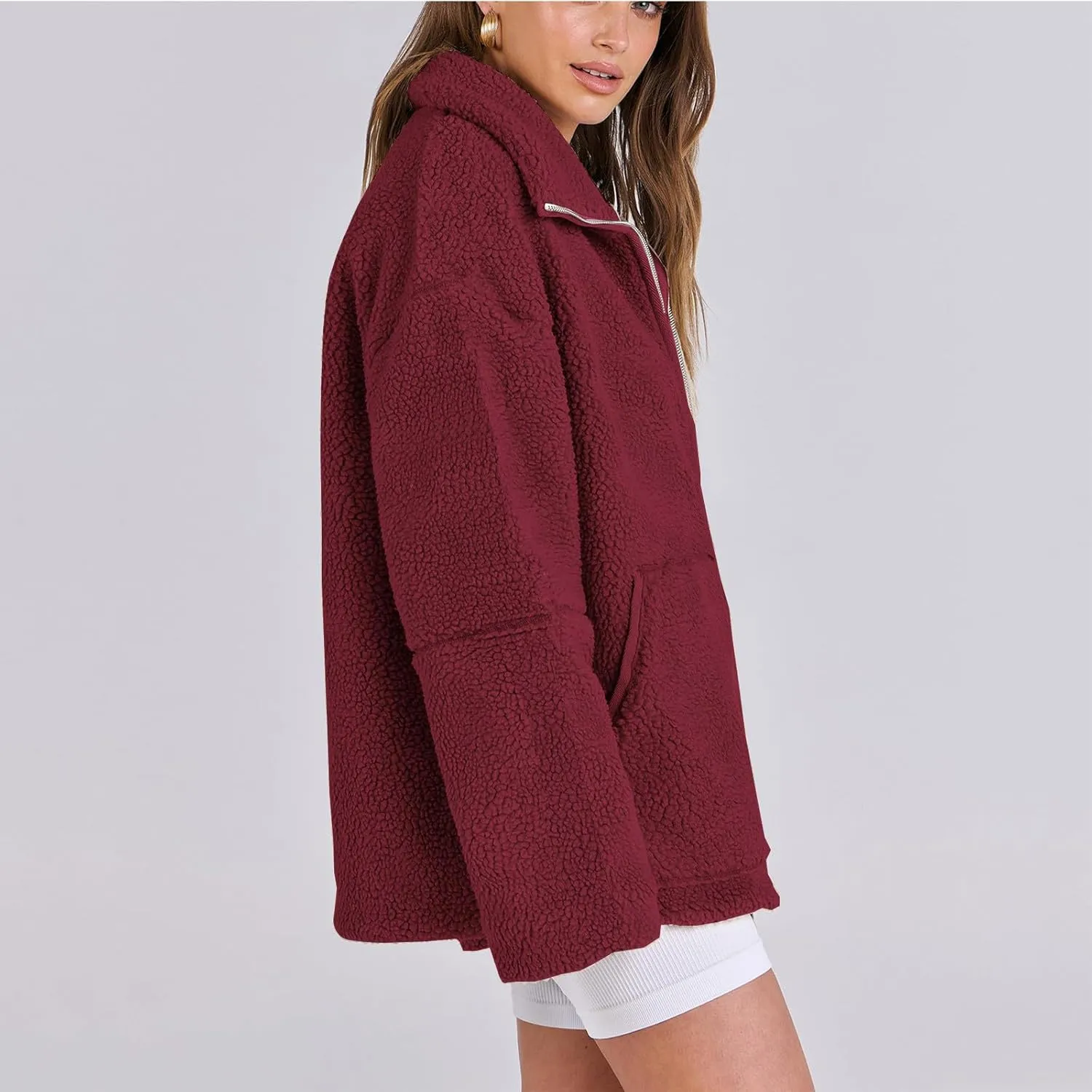 Womens Oversized Fleece Sherpa Lined Jacket Zip Up Long Sleeve Teddy Coat Casual Winter Warm Clothes with Pockets