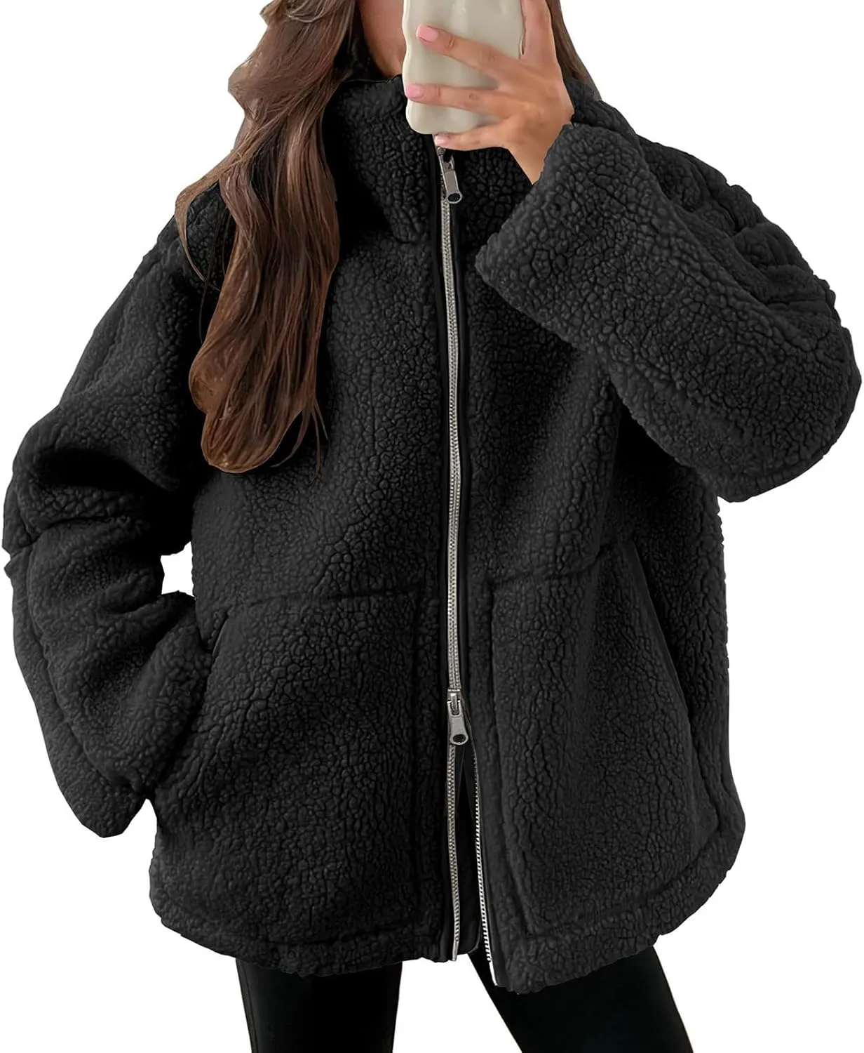 Womens Oversized Fleece Sherpa Lined Jacket Zip Up Long Sleeve Teddy Coat Casual Winter Warm Clothes with Pockets