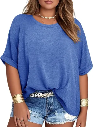 Womens Plus Size Summer Tops Oversized Half Sleeve Crew Neck T Shirts Loose Fit Tee Top Flowy Casual Blouses XL-5XL