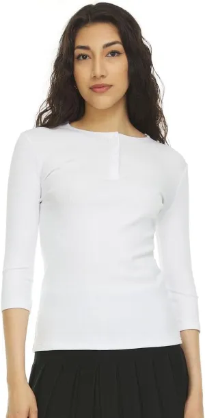 Womens Ribbed Cotton 3/4 Sleeve Work Casual Henley T-Shirt Top