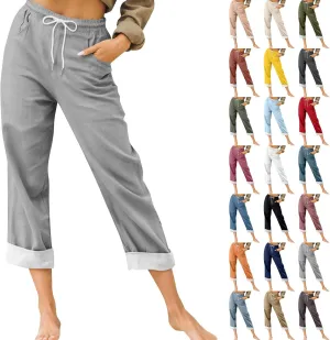 Womens Roll Up Capri Pants Cotton Linen High Waisted Drawstring Pants with Pocket 2025 Summer Lounge Elastic Trousers