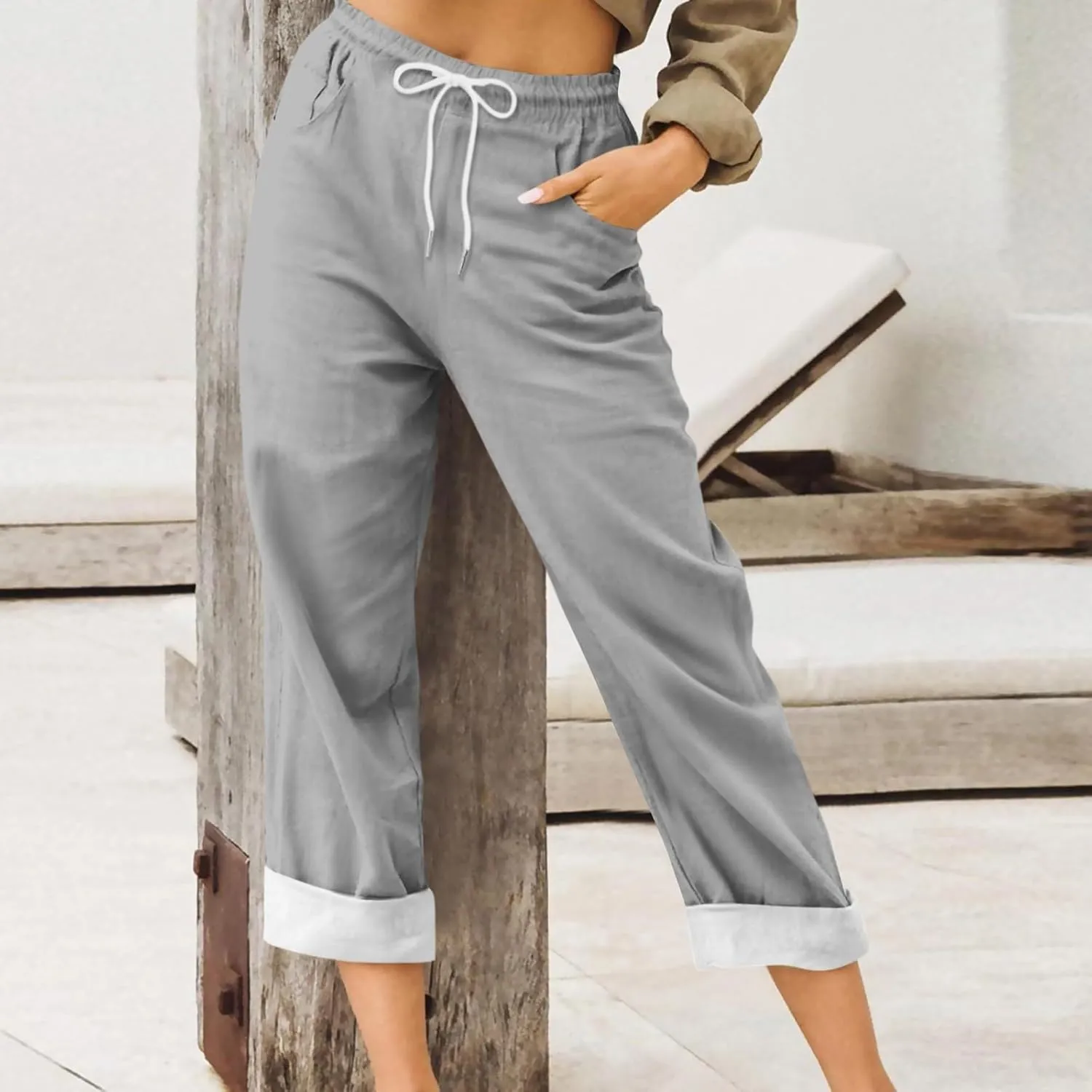 Womens Roll Up Capri Pants Cotton Linen High Waisted Drawstring Pants with Pocket 2025 Summer Lounge Elastic Trousers