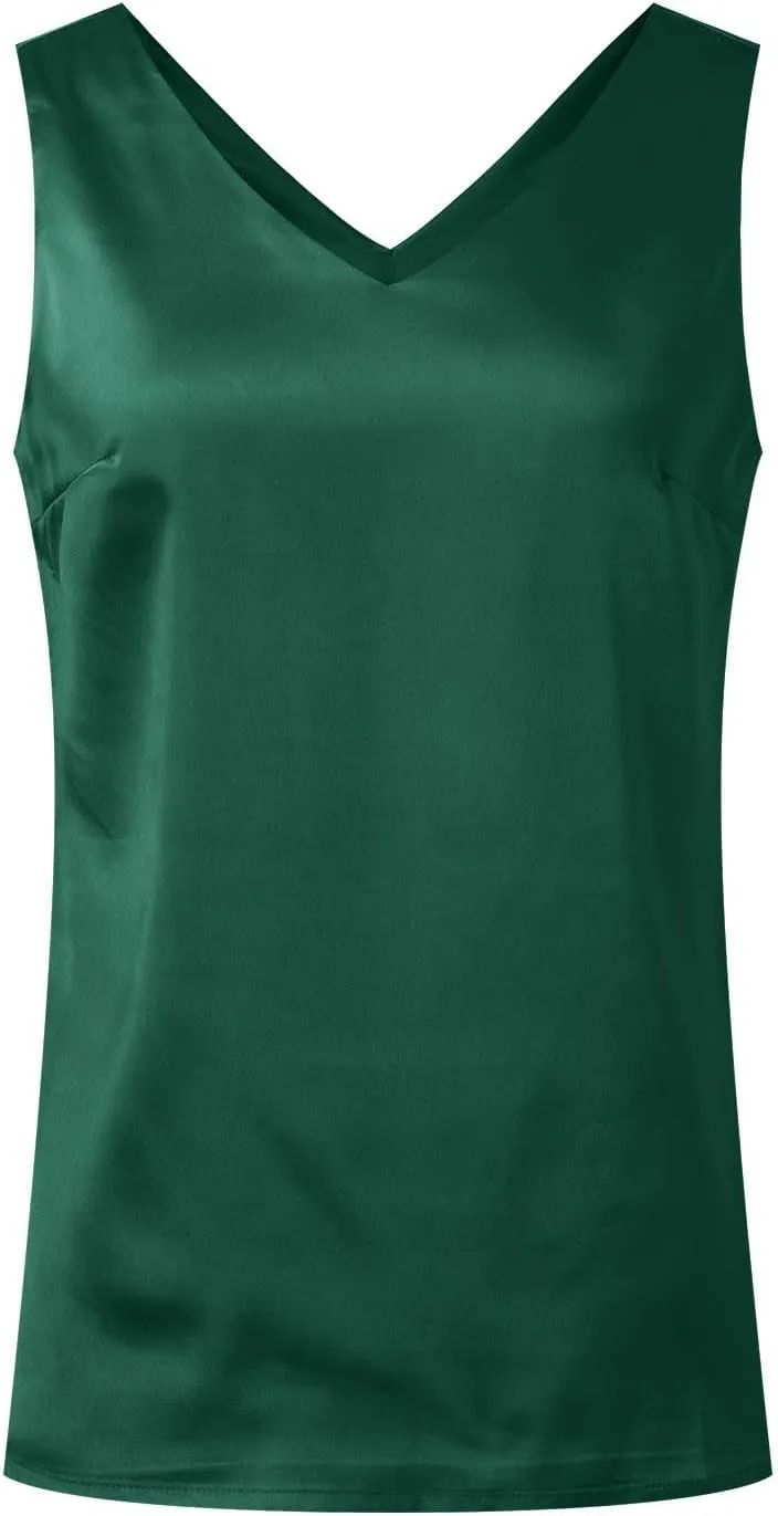 Womens Satin V Neck Lace Trim Buttoned Cami Spaghetti Strap Camisole Sleeveless Tank Tops Business Tops Summer Blouses Casual