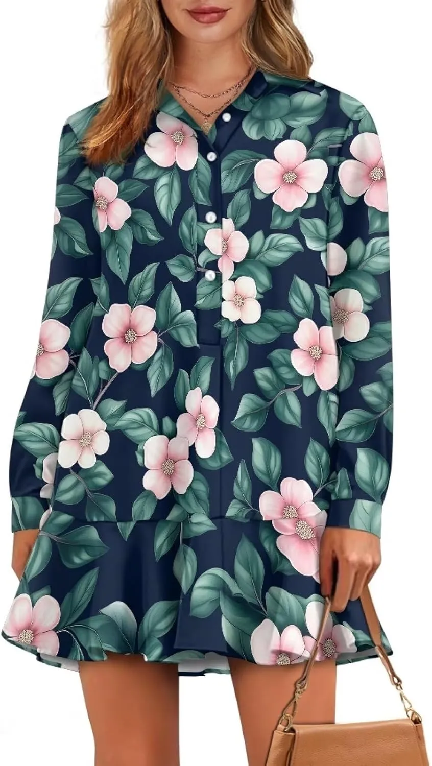 Women's Shirt Mini Dress Soft V-Neck Button Down Shift Mini Dress Casual Long Sleeve Ruffle Hem Flowy Dresses