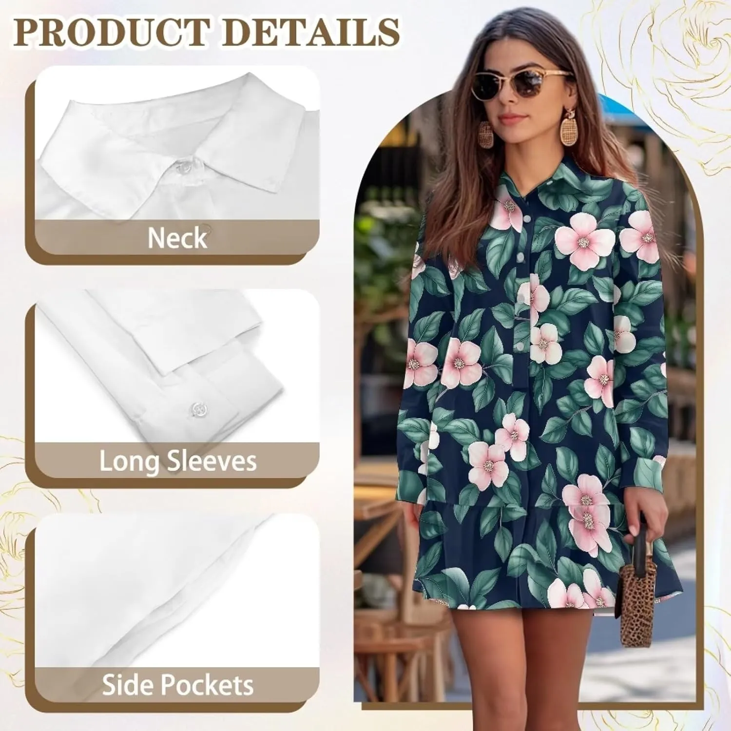 Women's Shirt Mini Dress Soft V-Neck Button Down Shift Mini Dress Casual Long Sleeve Ruffle Hem Flowy Dresses