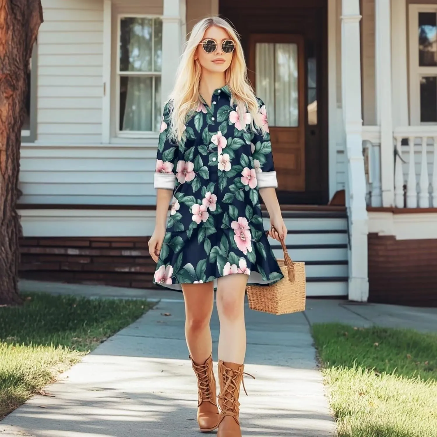 Women's Shirt Mini Dress Soft V-Neck Button Down Shift Mini Dress Casual Long Sleeve Ruffle Hem Flowy Dresses