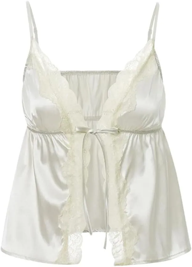 Women's Solid Color Casual V-Neck Lace Hollow Satin Home Camisole Top