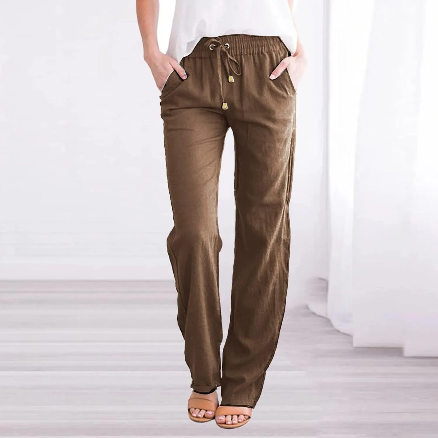 Women's Straight Solid Color Trousers Elastic Drawstring High Waist Casual Comfortable Pants for Daily Wear