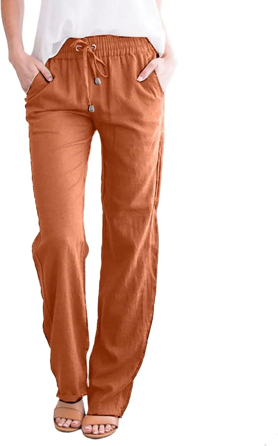 Women's Straight Solid Color Trousers Elastic Drawstring High Waist Casual Comfortable Pants for Daily Wear
