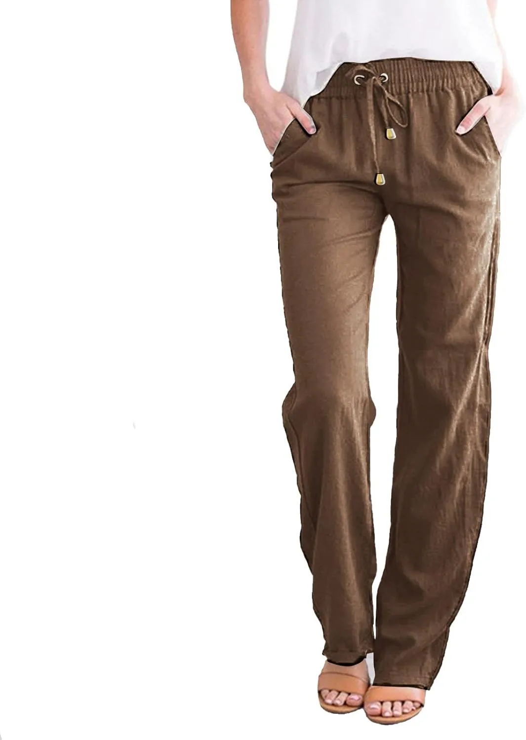 Women's Straight Solid Color Trousers Elastic Drawstring High Waist Casual Comfortable Pants for Daily Wear