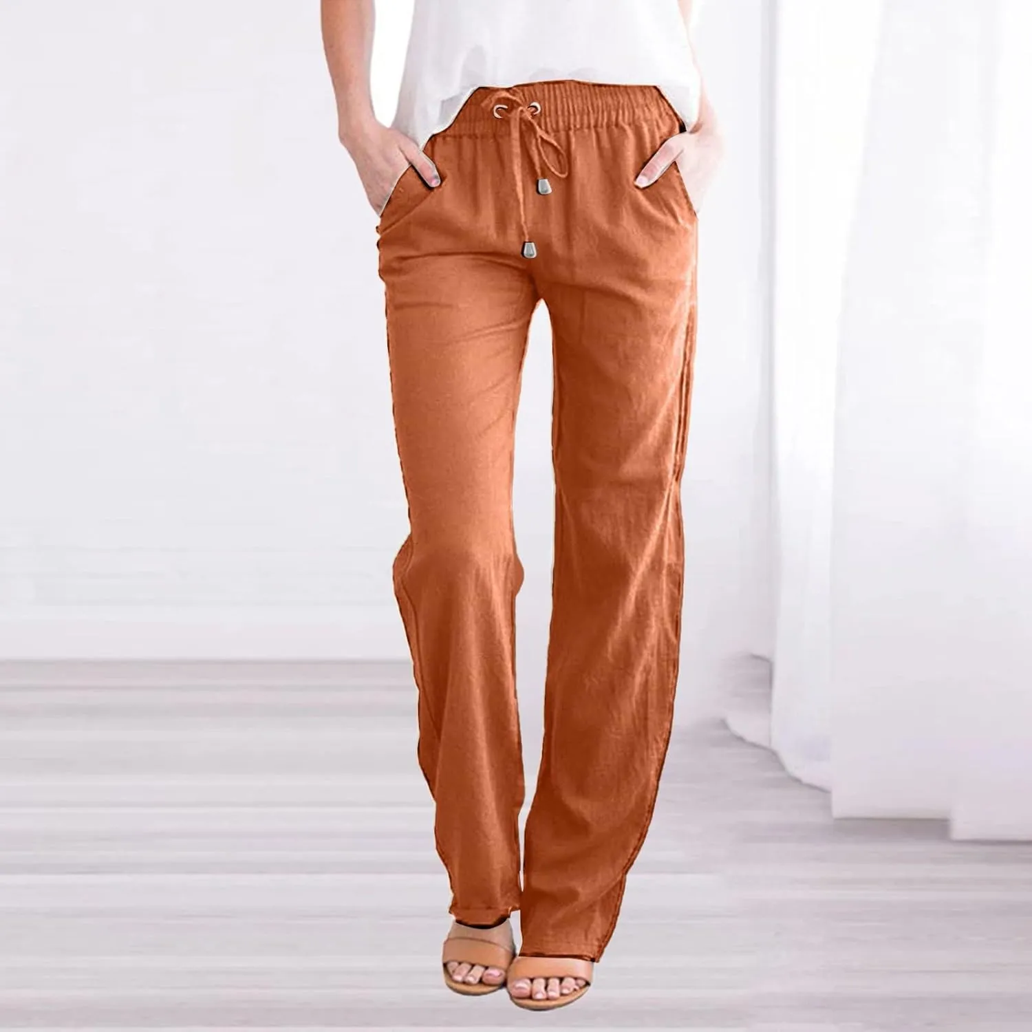 Women's Straight Solid Color Trousers Elastic Drawstring High Waist Casual Comfortable Pants for Daily Wear