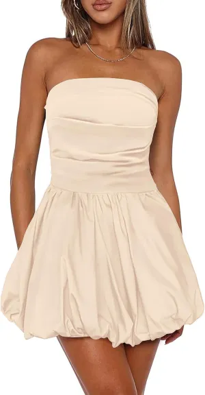Women's Strapless Tube Top Bubble Mini Dress Ruched Bow Back Dresses Party Cocktail
