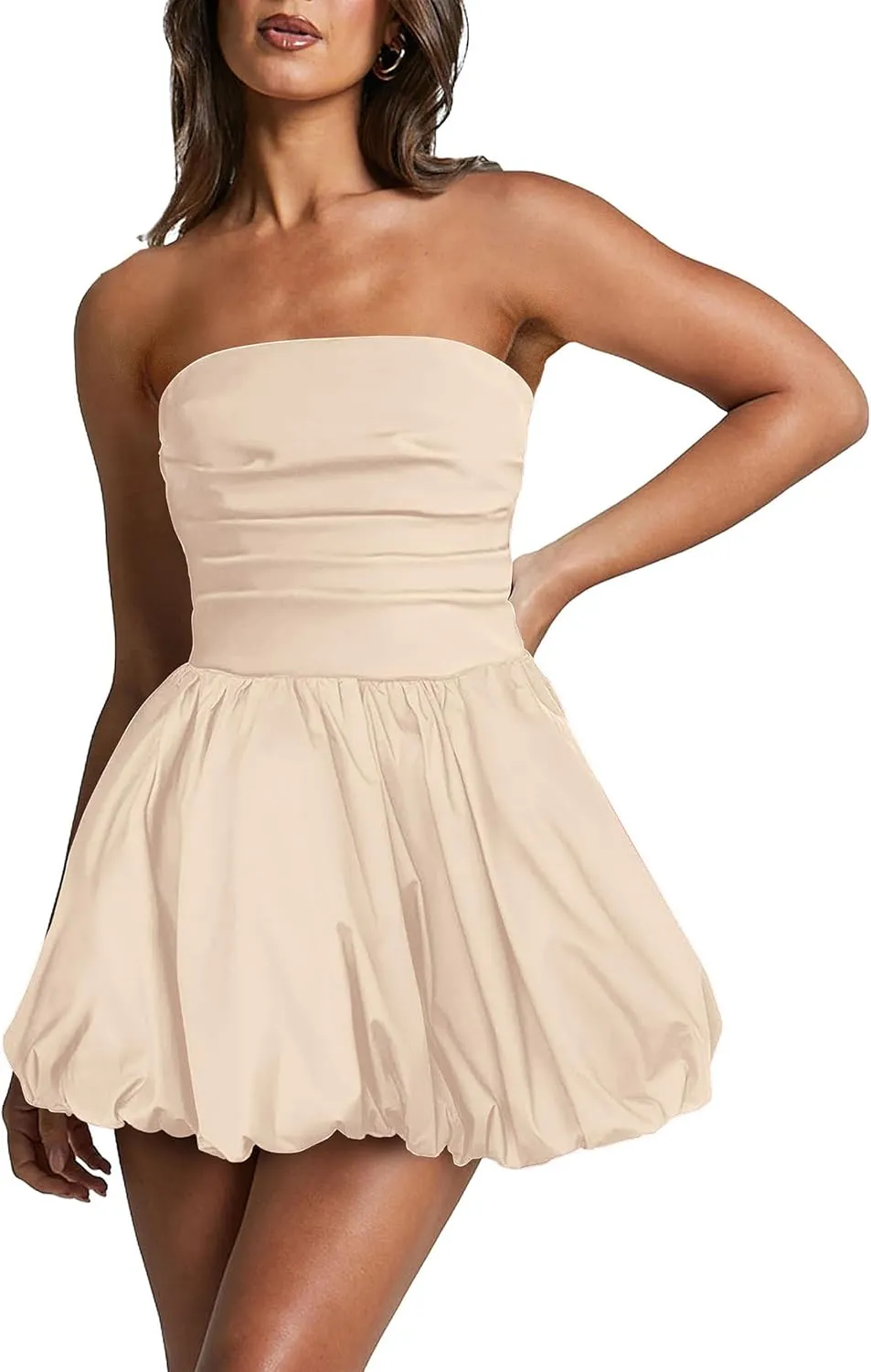 Women's Strapless Tube Top Bubble Mini Dress Ruched Bow Back Dresses Party Cocktail
