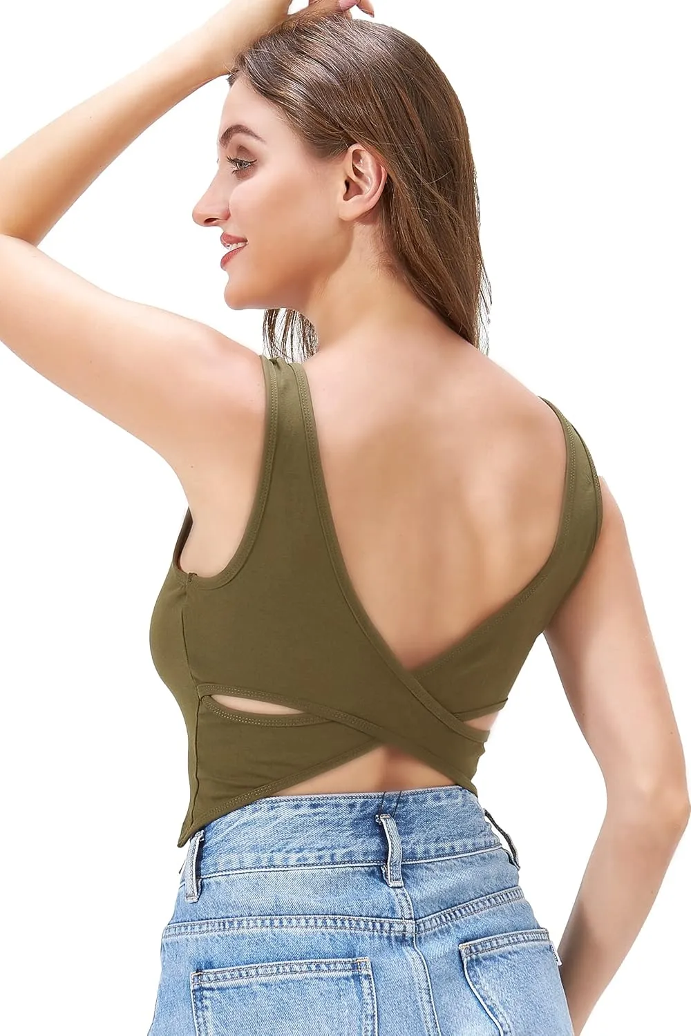 Womens Summer Basic Sleeveless V Neck Cut Out Keyhole Crop Top Cami