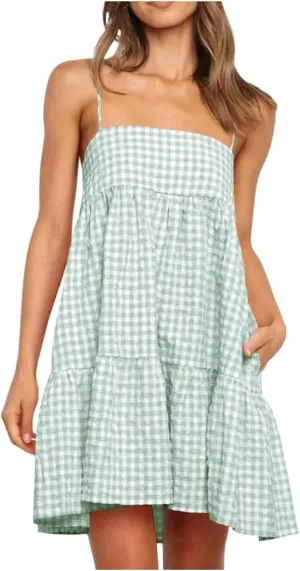 Women's Summer Boho Mini Dress Plaid Square Neck Tiered Tunic Dresses Ruffle Flowy Beach Vacation Sundress Pockets