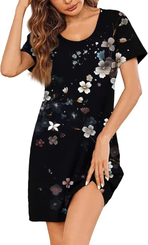 Women's Summer Casual Trendy Dress Floral Print Round Neck Short Sleeve Flowy Midi Dresses with Pocket, S-3XL