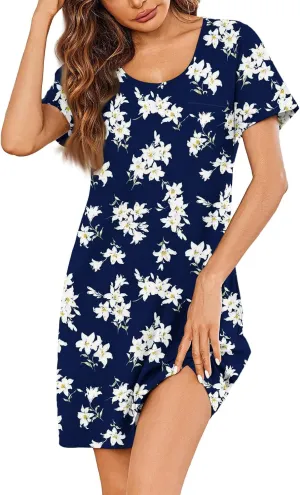 Women's Summer Casual Trendy Dress Floral Print Round Neck Short Sleeve Flowy Midi Dresses with Pocket, S-3XL