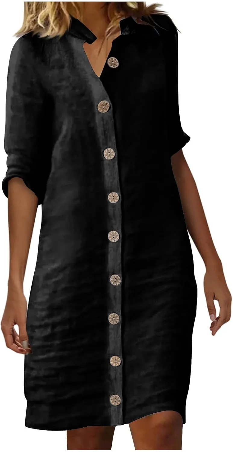 Women's Summer Shirt Dresses Loose Button Down 1/2 Sleeve Solid Color Dress 2024 Trendy Casual Lapel Midi Dresses