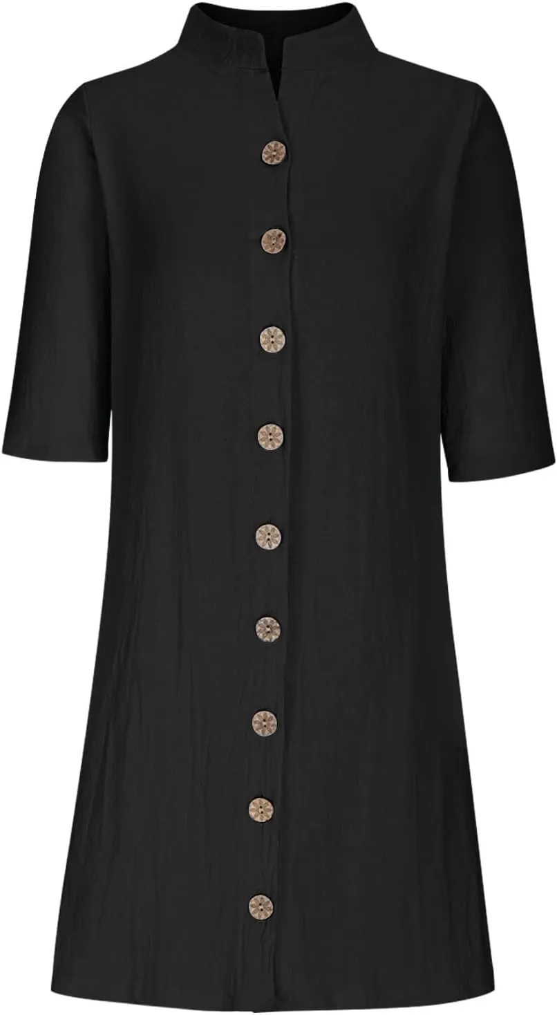 Women's Summer Shirt Dresses Loose Button Down 1/2 Sleeve Solid Color Dress 2024 Trendy Casual Lapel Midi Dresses