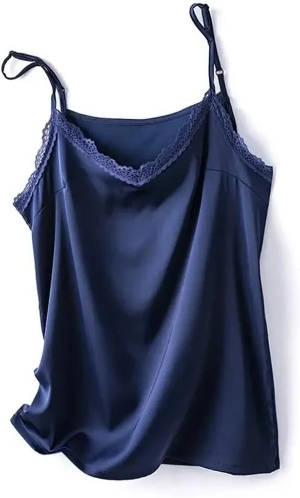 Women's Summer V-Neck Silk Camisole Sexy Lace Sleeveless Satin Vest Top