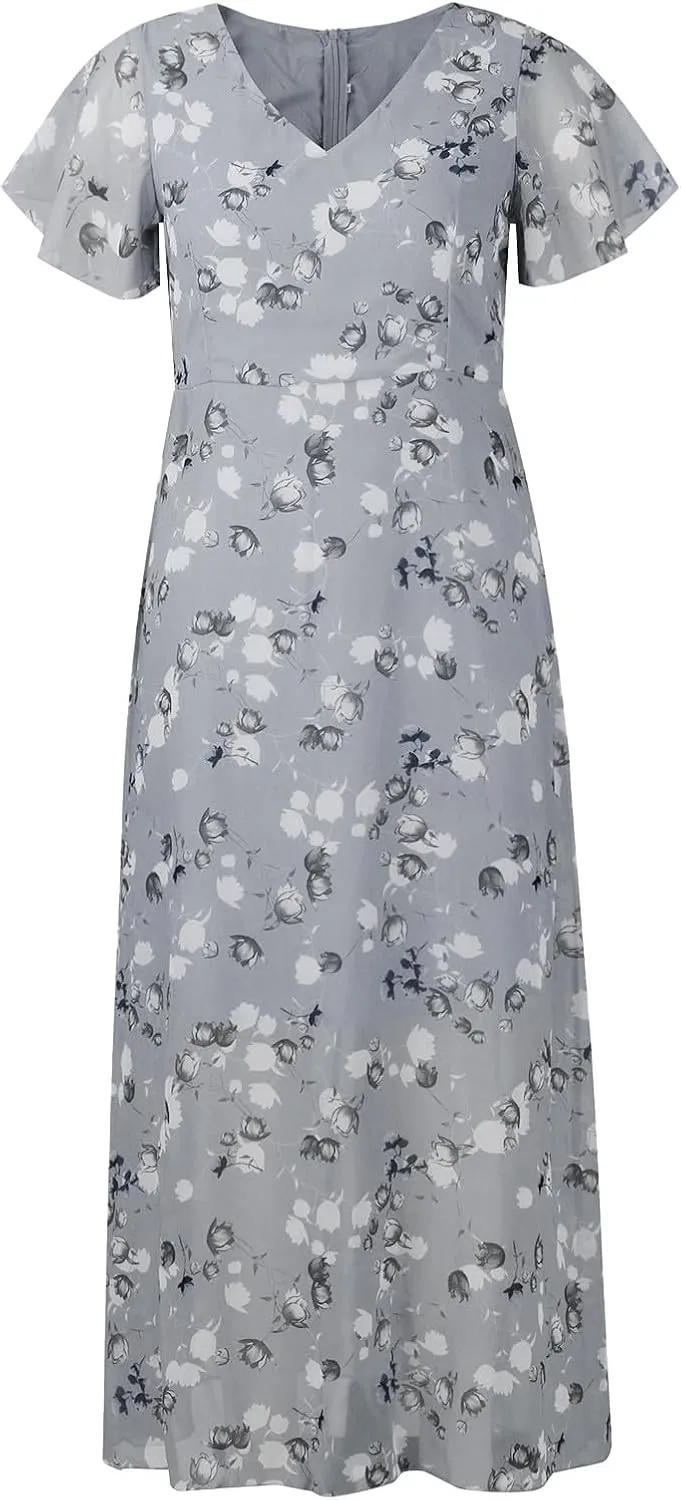 Womens Summer Wrap V Neck Casual Dresses Boho Floral V Neck Short Sleeve Ruffle A-Line Midi Sundress