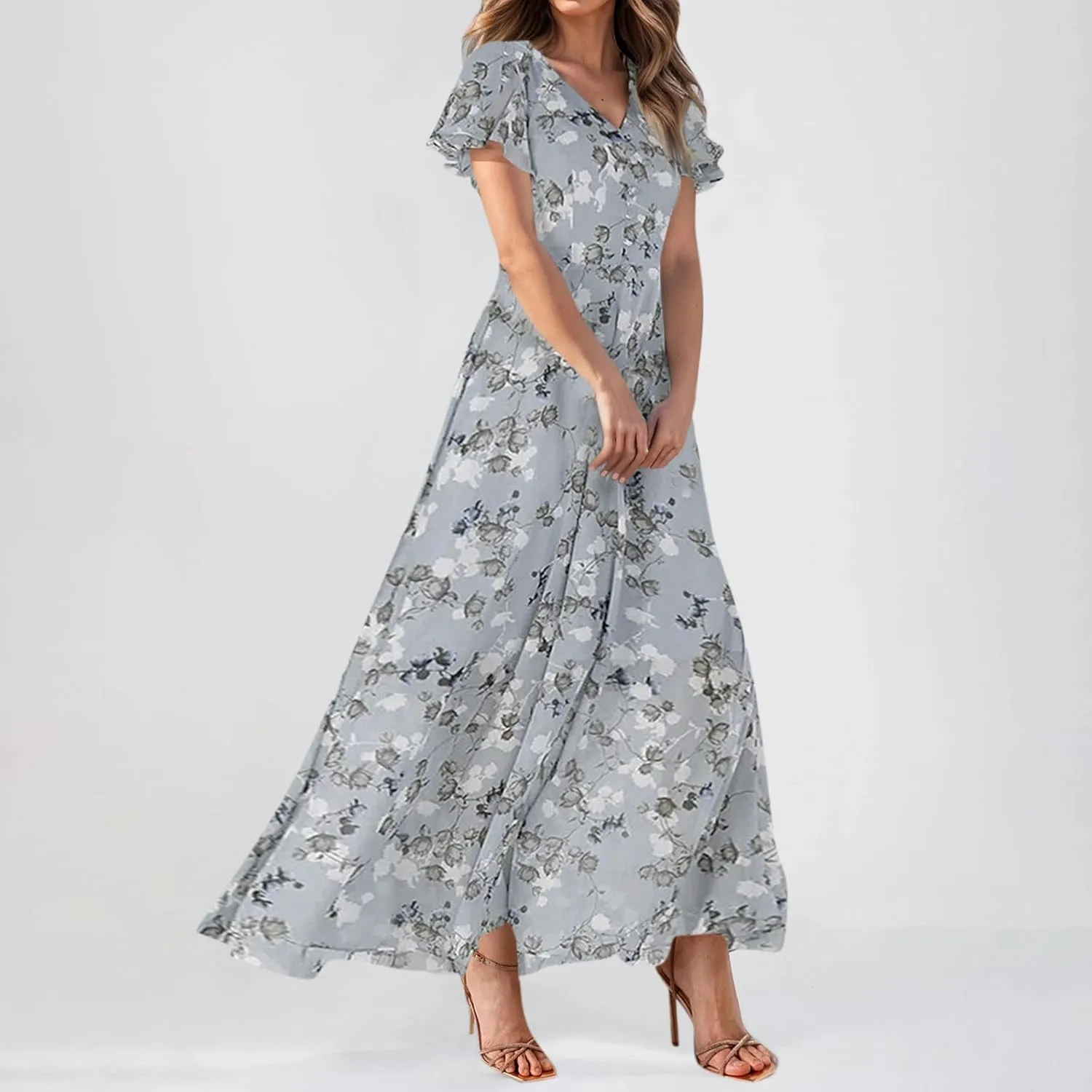 Womens Summer Wrap V Neck Casual Dresses Boho Floral V Neck Short Sleeve Ruffle A-Line Midi Sundress