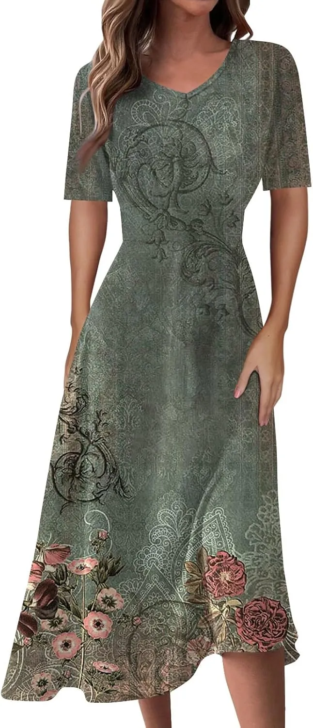 Women's Sundress Casual Loose Trendy Short Sleeve V-Neck Solid Floral Printed Beach Vacation Maxi Dresses, S-2XL