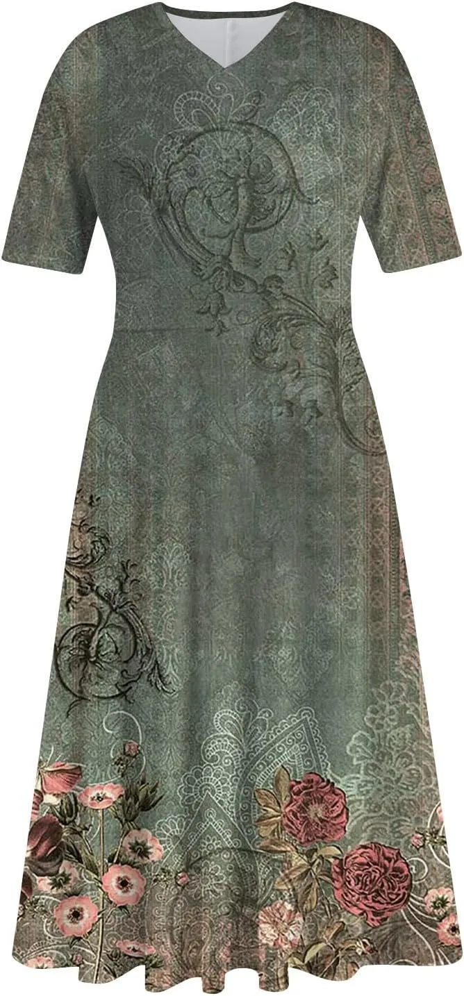 Women's Sundress Casual Loose Trendy Short Sleeve V-Neck Solid Floral Printed Beach Vacation Maxi Dresses, S-2XL