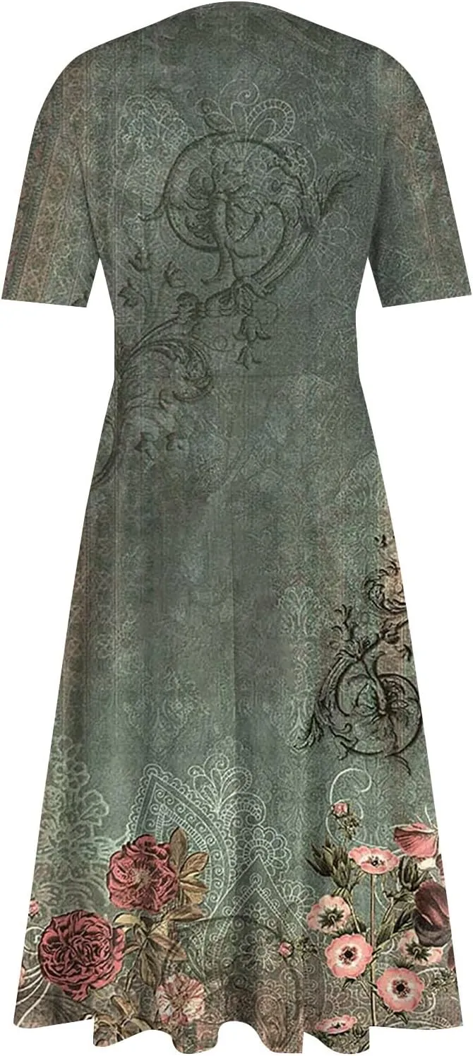Women's Sundress Casual Loose Trendy Short Sleeve V-Neck Solid Floral Printed Beach Vacation Maxi Dresses, S-2XL