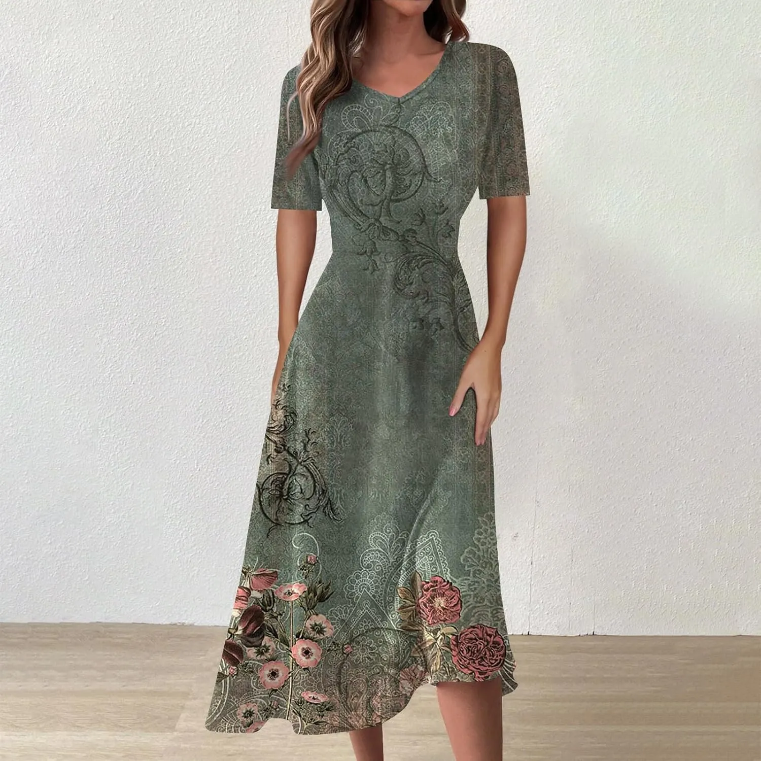Women's Sundress Casual Loose Trendy Short Sleeve V-Neck Solid Floral Printed Beach Vacation Maxi Dresses, S-2XL