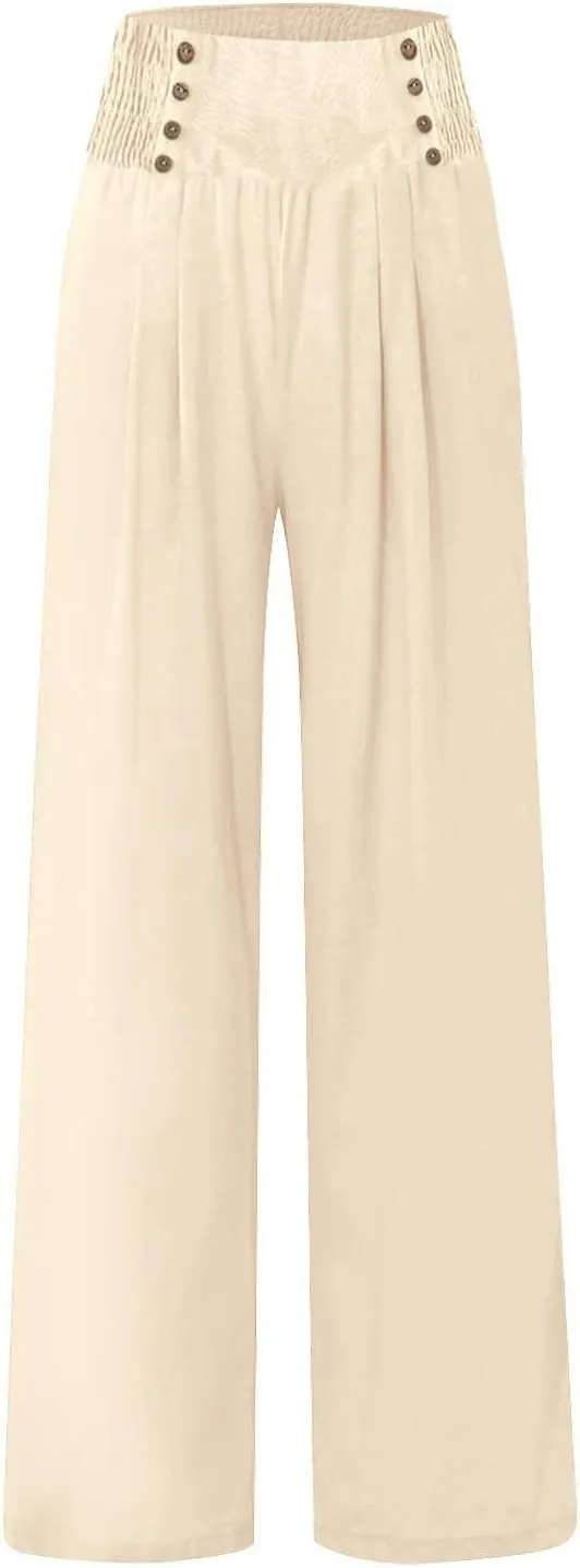 Womens Wide Leg Pants Boho Smocked High Elastic Waist in The Back Palazzo Trousers with Pockets Lounge Vacation Pants