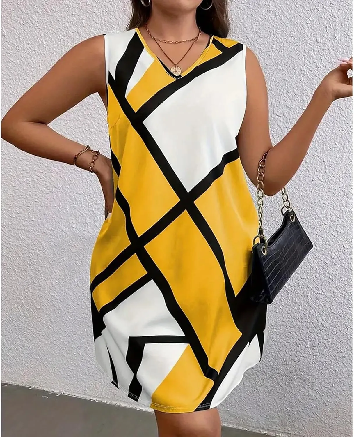 Xiaojmake Tank Dress Plus Size for Summer Geometric Flowy Dresses V-Neck Sleeveless Loose Swing Mini Dresses Beach Cover Ups
