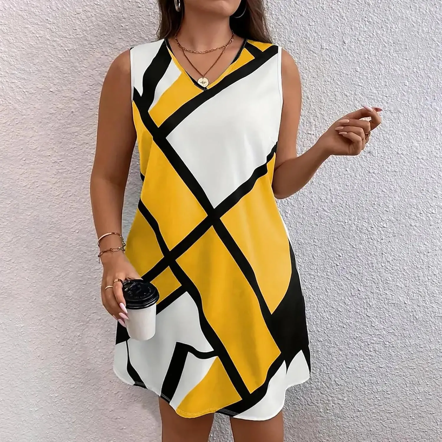 Xiaojmake Tank Dress Plus Size for Summer Geometric Flowy Dresses V-Neck Sleeveless Loose Swing Mini Dresses Beach Cover Ups