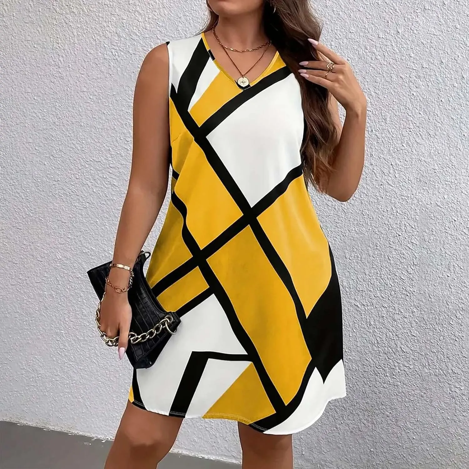 Xiaojmake Tank Dress Plus Size for Summer Geometric Flowy Dresses V-Neck Sleeveless Loose Swing Mini Dresses Beach Cover Ups
