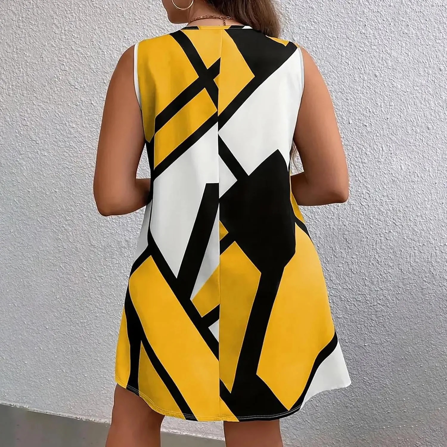 Xiaojmake Tank Dress Plus Size for Summer Geometric Flowy Dresses V-Neck Sleeveless Loose Swing Mini Dresses Beach Cover Ups