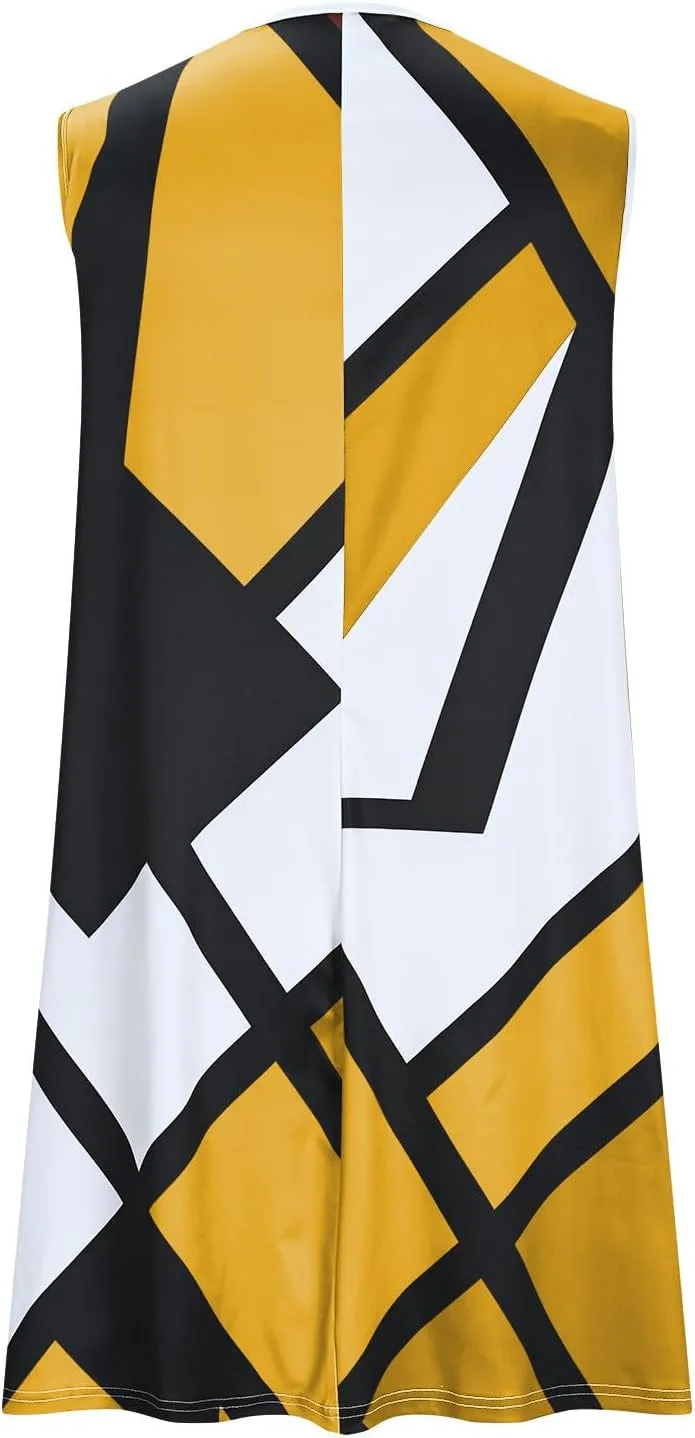 Xiaojmake Tank Dress Plus Size for Summer Geometric Flowy Dresses V-Neck Sleeveless Loose Swing Mini Dresses Beach Cover Ups