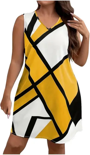Xiaojmake Tank Dress Plus Size for Summer Geometric Flowy Dresses V-Neck Sleeveless Loose Swing Mini Dresses Beach Cover Ups