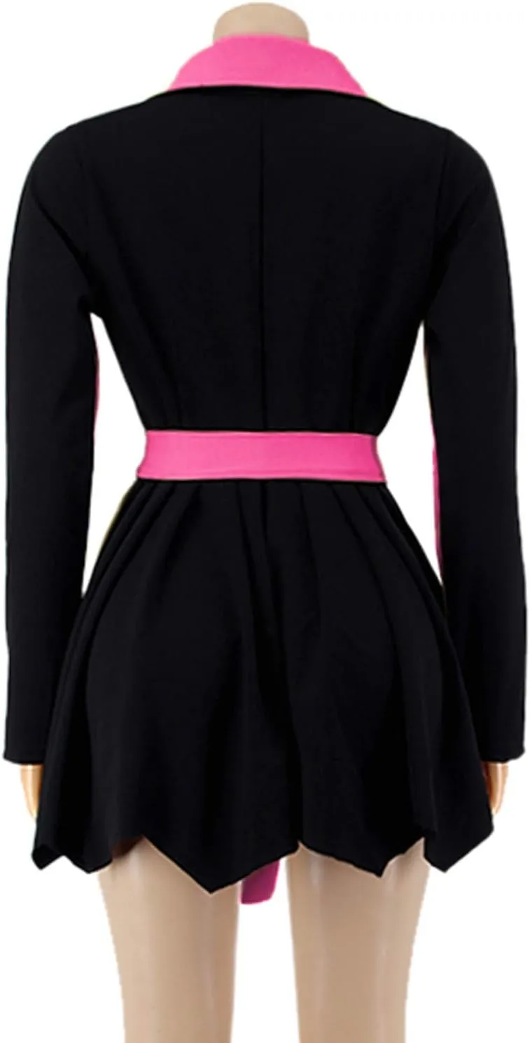 XUNRYAN Womens Sexy Blazer Mini Dress Two Tone Lapel V Neck Double-Breasted Peplum Jacket Belted Trench Coat Fall Outfit