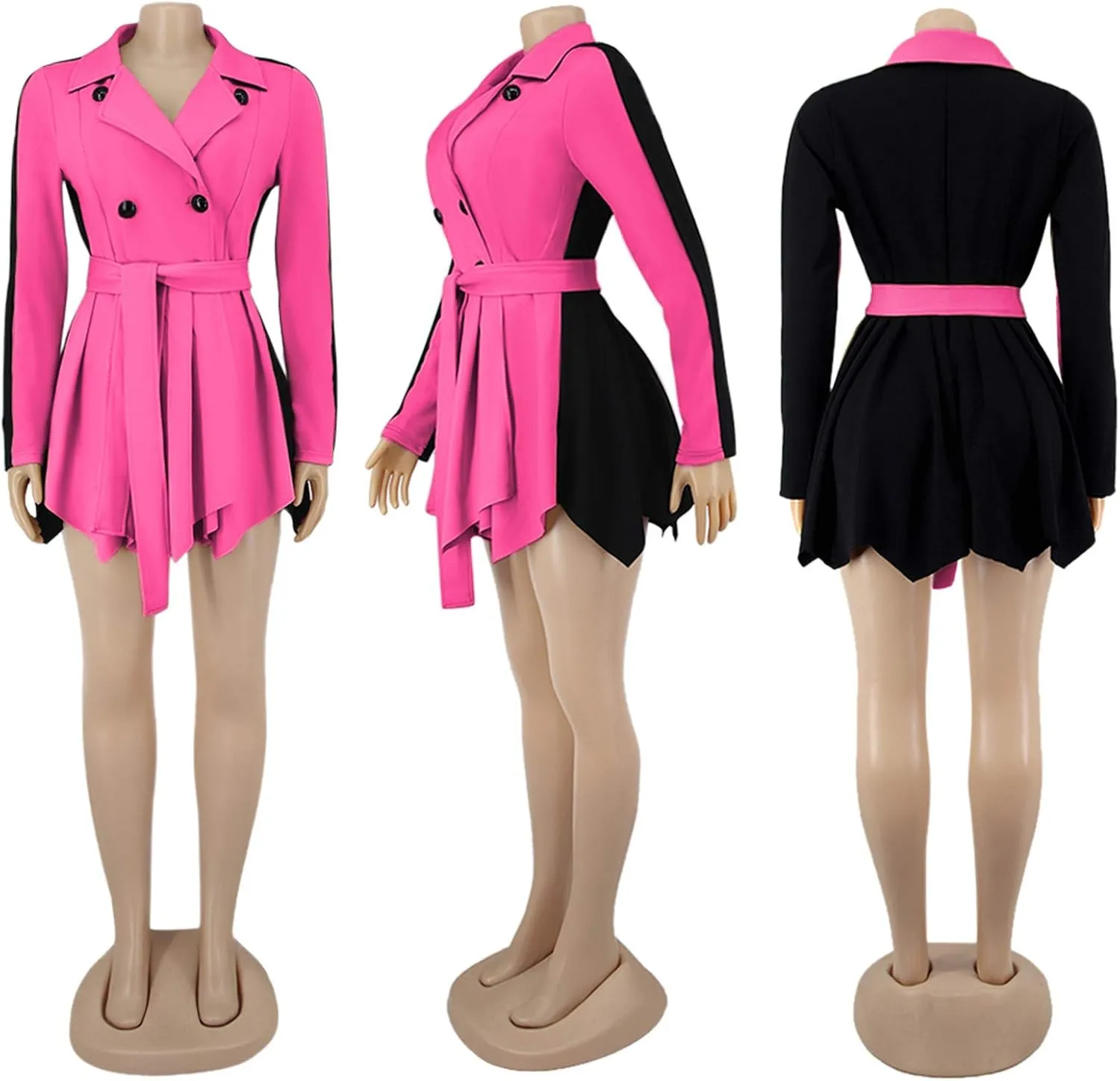 XUNRYAN Womens Sexy Blazer Mini Dress Two Tone Lapel V Neck Double-Breasted Peplum Jacket Belted Trench Coat Fall Outfit