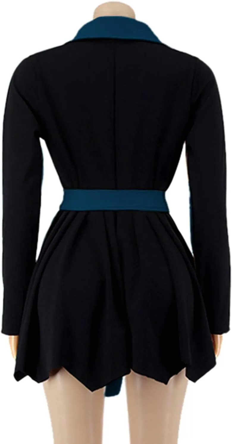 XUNRYAN Womens Sexy Blazer Mini Dress Two Tone Lapel V Neck Double-Breasted Peplum Jacket Belted Trench Coat Fall Outfit