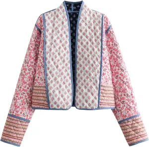 Yimoon Women's Quilted Jacket Lightweight Floral Print Cropped Puffer Coat Short Padded Open Front Winter Outwear
