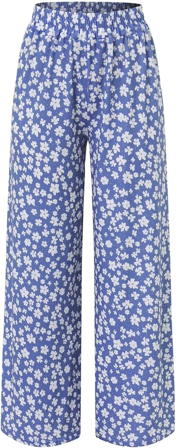 YOLAI Women's Floral Print Loose Pants Casual Lightweight Wide Leg Trousers Long Palazzo Pants