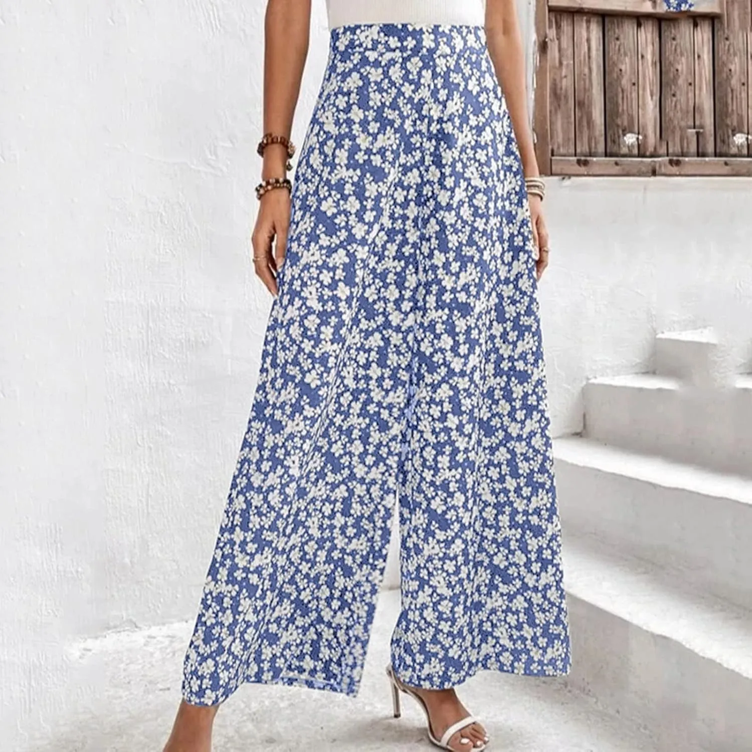 YOLAI Women's Floral Print Loose Pants Casual Lightweight Wide Leg Trousers Long Palazzo Pants